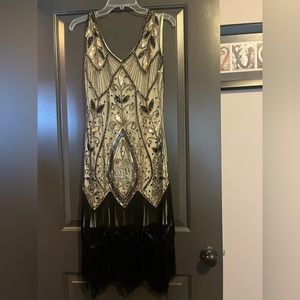 Women's 1920s Vintage Flapper Fringe Beaded Great Gatsby Dress, Champagne, Small
